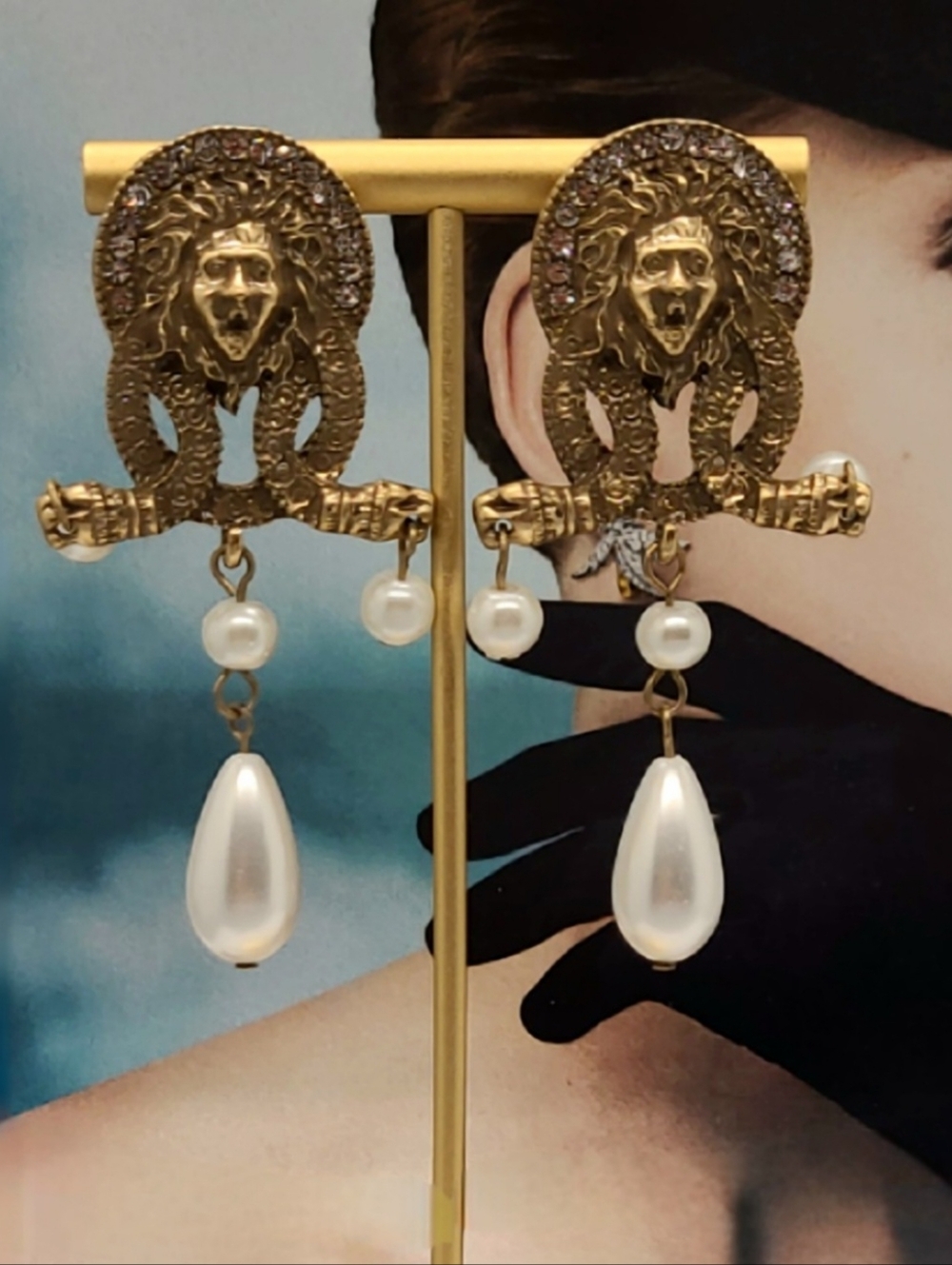 Vintage Estate Signed Medusa Pearl Gold Chandelier Earrings